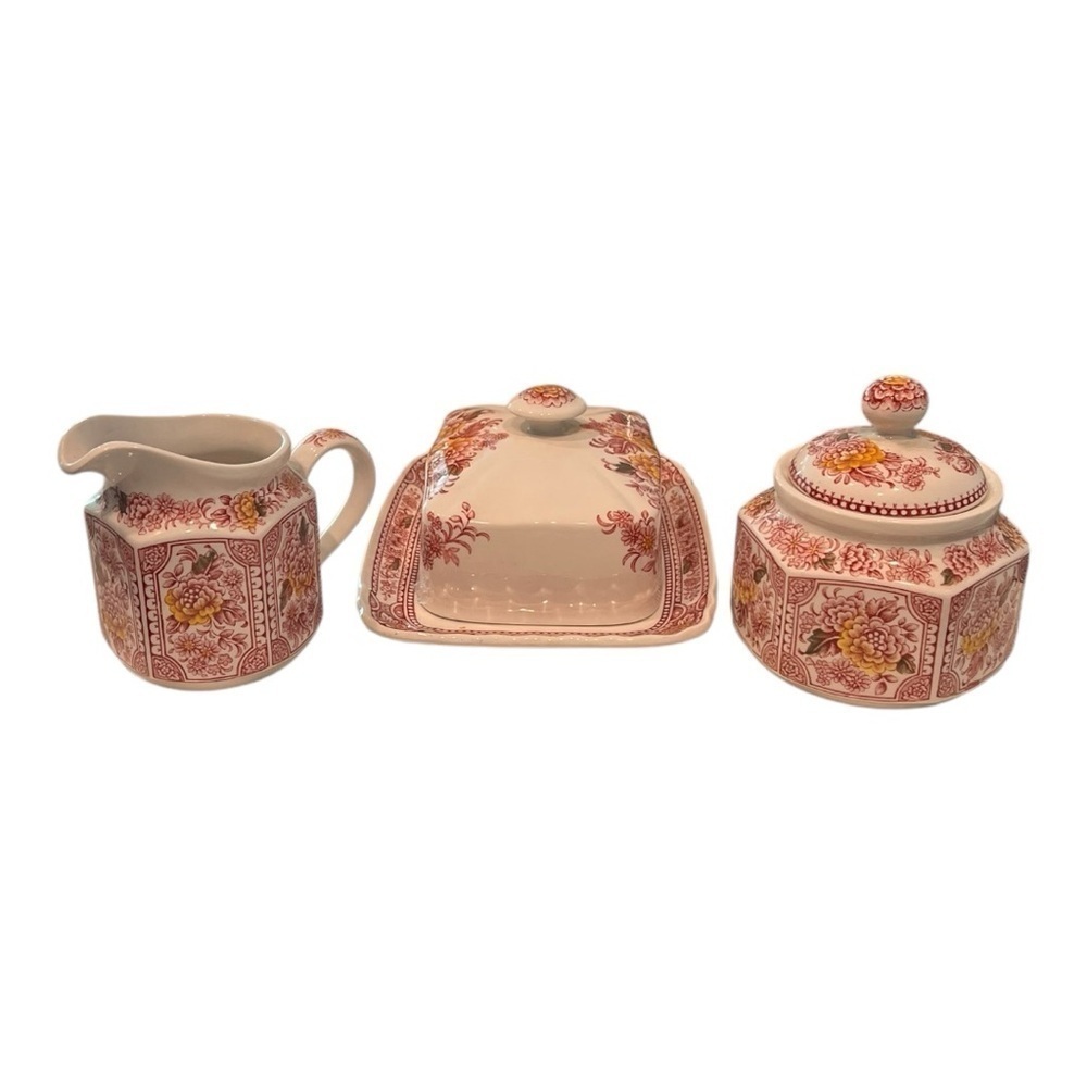VTG ButterDish sugarbowl & creamer - Ridgway Staffordshire Red Canterbury Floral